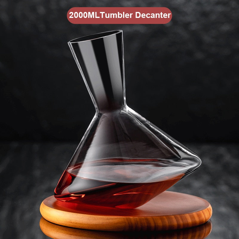 2000ML Creative Tumbler Wine Decanter with Wood Tray Hand Blown Crystal Wine Carafe Champagne Glass Whiskey Wine Aerator