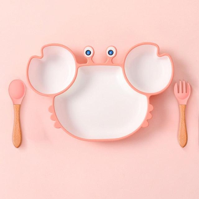 Baby Bowls Plates Spoons Silicone Suction Feeding Food Tableware BPA Free Non-Slip Baby Dishes Crab Food Feeding Bowl for Kids